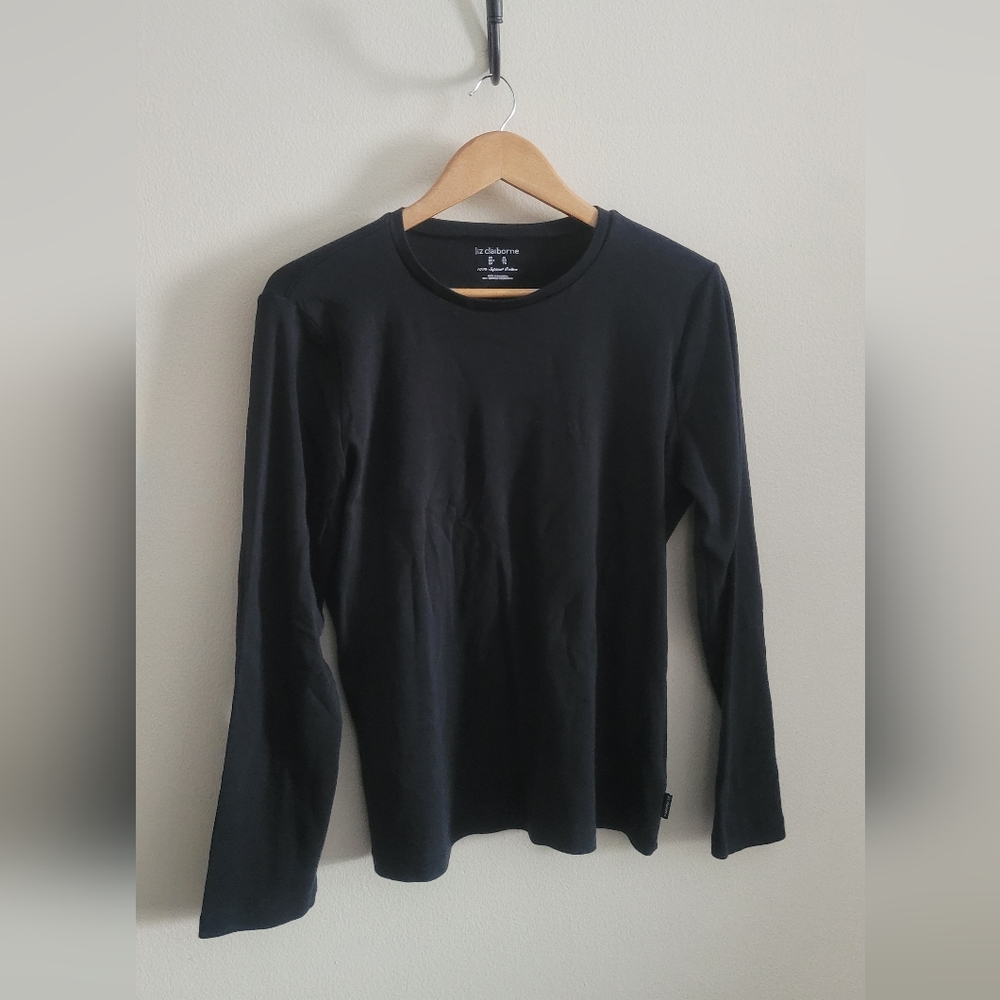 Liz Claiborne Supima Cotton Long Sleeve Crew, Women's XL, Classic Black